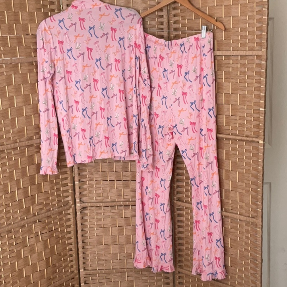 In My Jammers Pink Bow Print Ruffle Two-Piece Pajama Set - Picture 2 of 9